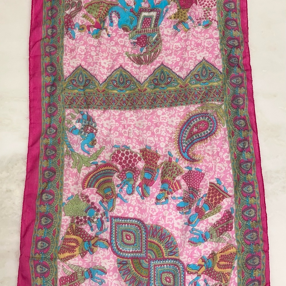 Vintage Silk Scarf Elephants Horses Paisley Pink Made India 18” X 68” Rectangle - Picture 15 of 16